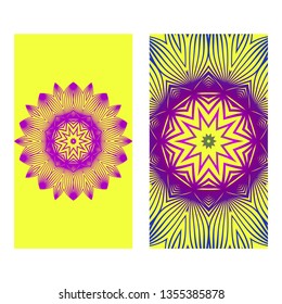 Yoga Card Template With Mandala Pattern. For Business Card, Meditation Class. Vector Illustration. Yellow purple color.