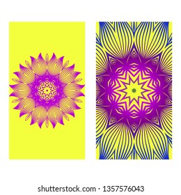 Yoga Card Template With Mandala Pattern. For Business Card, Meditation Class. Vector Illustration. Yellow purple color.