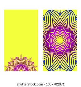 Yoga Card Template With Mandala Pattern. For Business Card, Meditation Class. Vector Illustration. Yellow purple color.