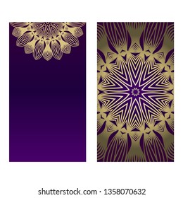 Yoga Card Template With Mandala Pattern. For Business Card, Fitness Center, Meditation Class. Vector Illustration. Luxury romantic purple gold color.