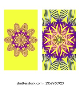 Yoga Card Template With Mandala Pattern. For Business Card, Meditation Class. Vector Illustration. Yellow purple color.