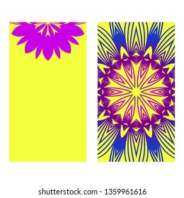 Yoga Card Template With Mandala Pattern. For Business Card, Meditation Class. Vector Illustration. Yellow purple color.