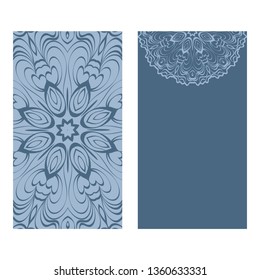 Yoga Card Template With Mandala Pattern. For Business Card, Fitness Center, Meditation Class. Vector Illustration. Patel blue color.