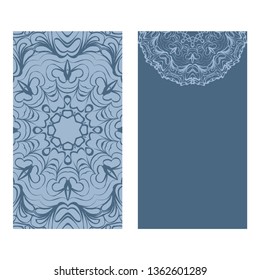 Yoga Card Template With Mandala Pattern. For Business Card, Fitness Center, Meditation Class. Vector Illustration. Patel blue color.