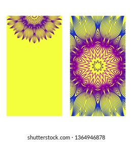 Yoga Card Template With Mandala Pattern. For Business Card, Meditation Class. Vector Illustration. Yellow purple color.