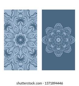 Yoga Card Template With Mandala Pattern. For Business Card, Fitness Center, Meditation Class. Vector Illustration. Patel blue color.