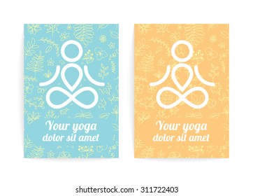 Yoga cards or invitations with floral pattern background. Minimalistic design.