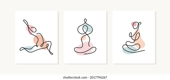 Tarjetas de yoga. Ilustración vectorial de color pastel de línea continua moderna.