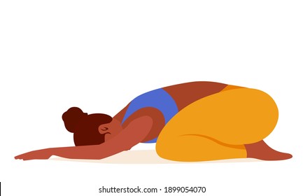 yoga cartoon girl illustration, stretching Child Pose - vector illustration graphic design