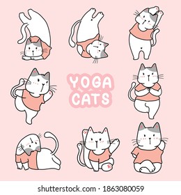 YOGA CAT IN DIFFERENT POSE COLLECTION CARTOON DOODLE DRAWING STLYE