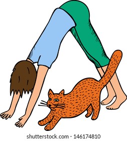 Yoga with cat. hand drawn illustration.