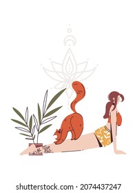 Yoga with cat. Young woman in Urdhva Mukha Svanasana pose at home with plants. Upward facing dog pose. Cat is standing on girl. Isolated on white background