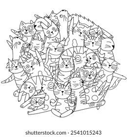 Yoga cats mandala for coloring book. Funny feline animals in different yoga poses circle shape coloring page. Vector illustration