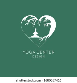 Yoga  center concept logo. Flat vector design illustration with man sitting with crossed legs, putting hands to pray and meditating. Big tree with roots is a metaphor of endless life
