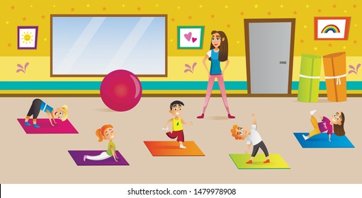 Yoga Center for Development Children Cartoon. Girl Coach Watching Children in Play Area. Children in Gym doing Stretching Exercises. Sports Activities for Children in Development Center.