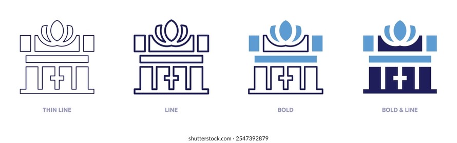 Icono de centro de yoga en 4 estilos diferentes. Línea delgada, línea, negrita y línea negrita. Estilo duotono. Trazo editable.