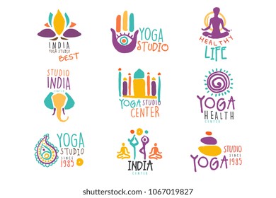 Yoga Center Set Of Colorful Promo Sign Design Templates With Different Indian Spiritual Symbols For Fitness Studio