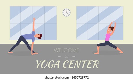 Yoga center vector banner template. Couple doing sports, sportive man and woman in yoga studio exercising cartoon characters. Fitness class, meditation, stretching training club advertising