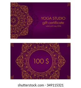 Yoga gift certificate template with mandala and text space
