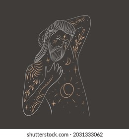 yoga character image. meditation as a lifestyle, god and goddess with golden tattoos. energy of space, tarot cards