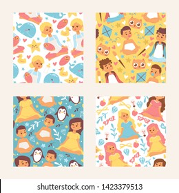Yoga characters, moms, babies, teenagers, girls in meditating position on colorful background seamless pattern. Vector illustration with meditation people. Relaxation and concentration.