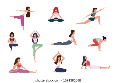 Yoga characters. Women doing yoga exercises, warming up and stretching various stretches poses, meditation in gym. Healthy lifestyle vector characters