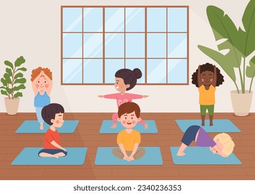 Yoga children class. Cute girls and boys in yoga poses. Happy little kids doing yoga exercise. Children healthy lifestyle poster. Vector illustration cartoon characters. Gymnastic, yoga and meditation