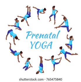 Yoga class banner with pregnant african woman doing physical fitness exercise, isometric 3d vector illustration with sport training, relaxation and meditation poses collection