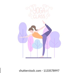 Yoga class concept. Female in a yoga pose. Vector illustration of a woman doing her workout in park or forest. Girl wearing sportswear and yoga pants. Outdoors exercises poster in a flat style. 