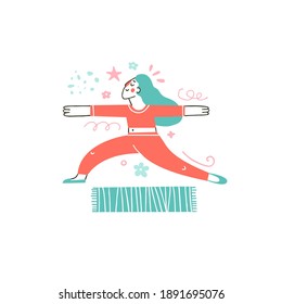 Yoga class concept. Female in a yoga pose. Vector illustration of a woman doing her workout in a flat style. A young girl wearing sportswear and yoga pants and doing her morning beauty routine
