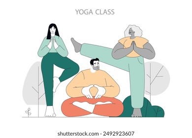 Concepto de clase de yoga. Individuos de diversos tipos de cuerpo que participan en diversas poses de yoga rodeados de Elementos de naturaleza pacífica. Serenidad e inclusión. Ilustración vectorial.