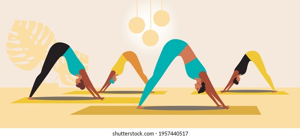 Yoga class, downward facing dog pose. Flat vector stock illustration. Young women doing yoga asanas. Group lesson with an instructor. Exercise of dog asanas. Vector graphics