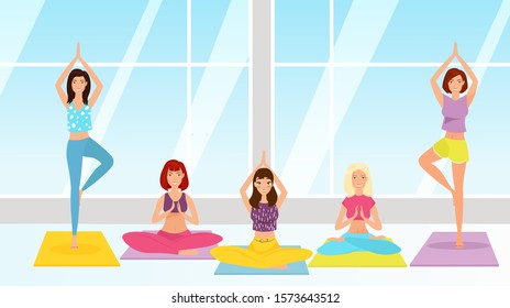 Yoga class flat vector illustration. Girls sitting in lotus pose. Female characters practising asanas on colorful rugs. Meditation and relaxation concept. People doing sport, group training.