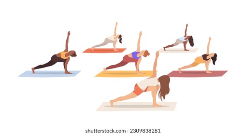 Yoga class. Group of people practicing yoga with the yoga instructor. Vector illustration isolated on the white background