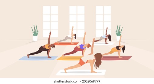 Yoga class. Group of people in the studio practicing yoga with the yoga instructor. Vector illustration