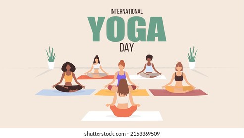 Yoga class, group of woman practicing yoga. International yoga day. Vector illustration