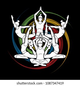 Yoga Class, Group of women practice yoga designed on spin wheel background graphic vector.