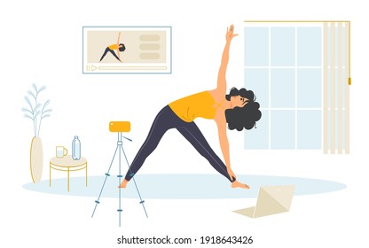 Yoga class at home. Live streaming online lesson with woman teacher in mobile app. Vector illustration in a flat style