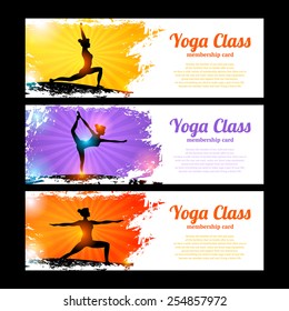 Yoga class horizontal banner set with young women figures in sun beams isolated vector illustration