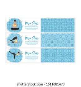 Yoga class horizontal flyers in flat style. Attractive girl in sportswear practicing yoga. Healthy lifestyle, calmness and meditation vector illustration. Harmonize yourself at studio ethnic design.