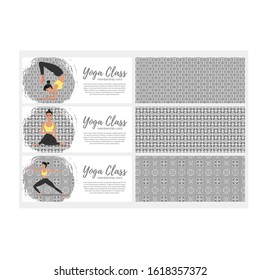 Yoga class horizontal flyers in flat style. Attractive girl in sportswear practicing yoga. Healthy lifestyle, calmness and meditation vector illustration. Harmonize yourself at studio ethnic design.