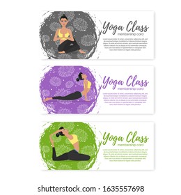 Yoga class horizontal flyers in flat style. Attractive girl in sportswear practicing yoga. Healthy lifestyle, calmness and meditation vector illustration. Harmonize yourself at studio ethnic design.