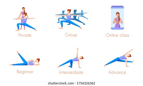 Yoga class icon : 3 level of beginner, intermediate and advance class, private, group and online class. A woman in yoga pose. A yoga instructor. Vector illustration , Flat design