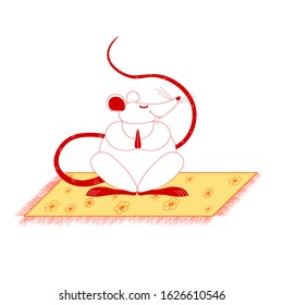 Yoga class illustration - White cute mouse meditates on the carpet, rug, practices yoga. White neutral background. For advertising, sports, yoga, clubs, classes, websites, invitations, cards