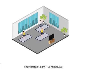 Yoga class isometric 3d vector concept for banner, website, illustration, landing page, flyer, etc.