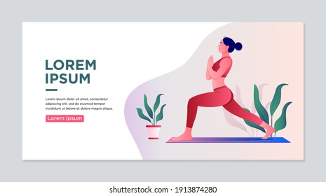 Yoga class landing page design. Web page template for yoga studio, fitness room, personal training.Woman doing yoga exercise.