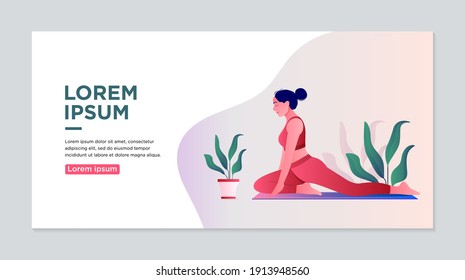 Yoga class landing page design. Web page template for yoga studio, fitness room, personal training.Woman doing yoga exercise.