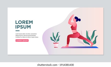 Yoga class landing page design. Web page template for yoga studio, fitness room, personal training.Woman doing yoga exercise.