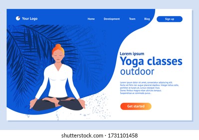 Yoga-Klasse Landing Page Vorlage. Modernes flaches Webseitenkonzept für Website und mobile Site. Junge Frau, die in der Natur Yoga praktiziert. Übung und Entspannung. Vector-Abbildung.