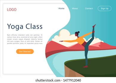 Yoga class landing page vector template. Aerobics, pilates courses website homepage interface layout with flat vector illustrations. Healthy lifestyle, active recreation web banner cartoon concept